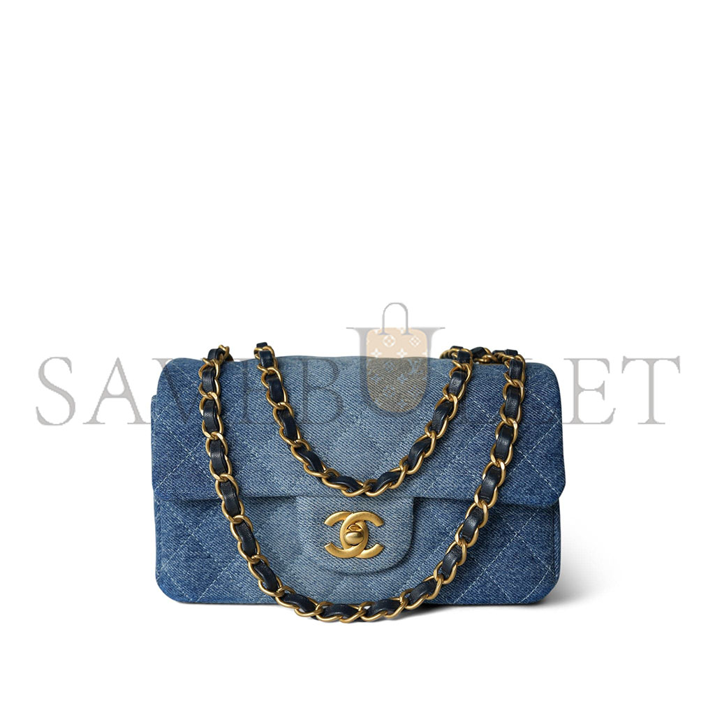 CHANEL 24S BLUE DENIM QUILTED MINI RECTANGULAR FLAP AGED AS6990 (20*12*7cm)